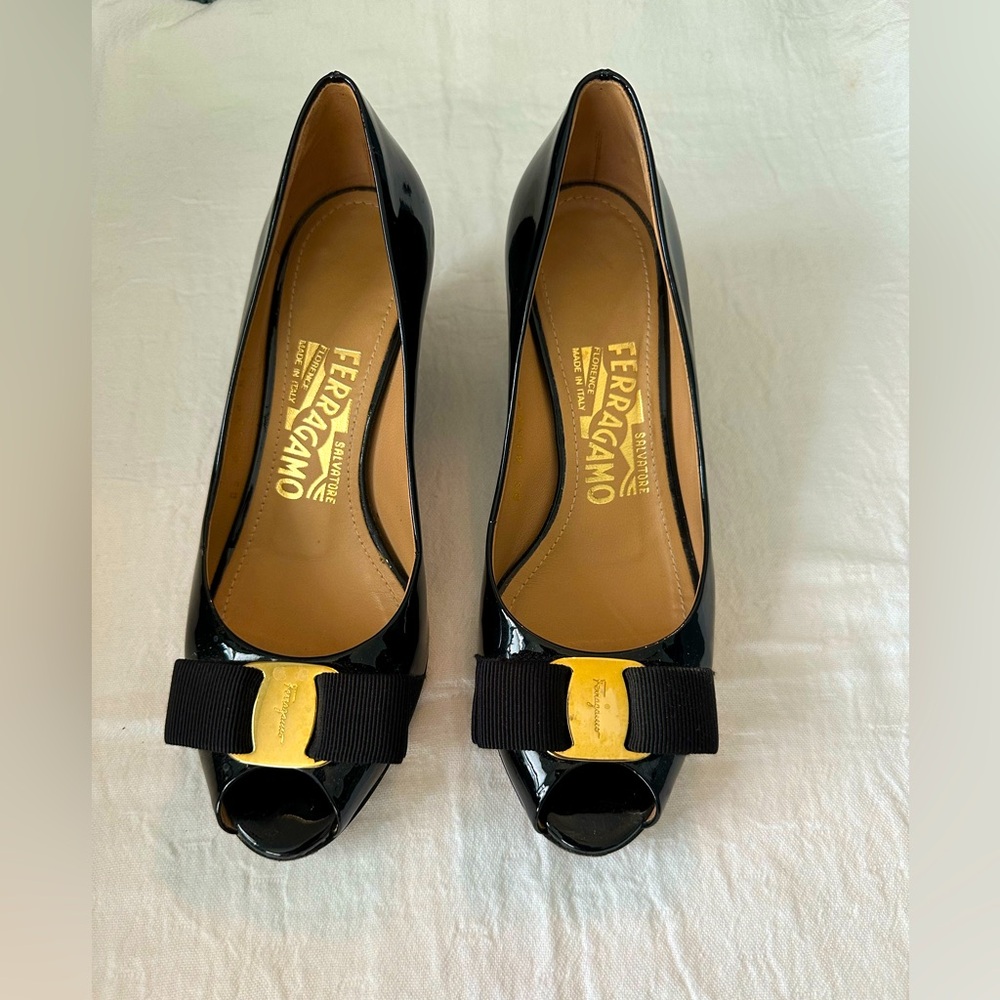 Salvatore Ferragamo Sissi Black Patent Wedge Heels Peep Toe
